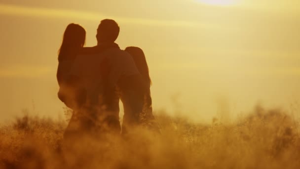 Eltern mit Tochter gehen auf Wiese — Stockvideo