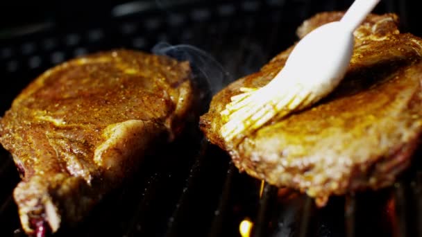 Čerstvé bio Flame grilovaný Steak zdravé stravovací volby grilovací koření — Stock video