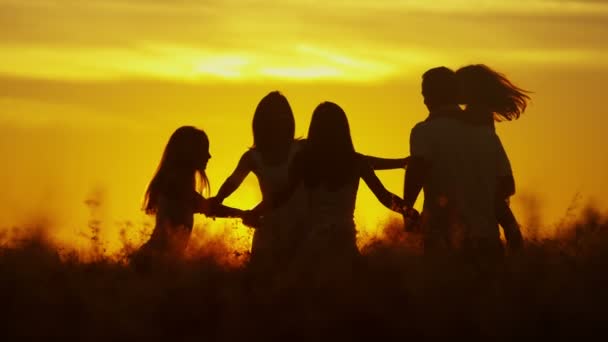 Padres con hijas en el prado al atardecer — Vídeos de Stock