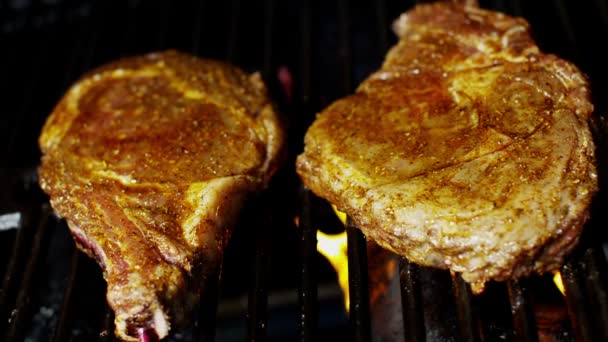 Verse organische vlam Gegrilde Steak gezond eten keuze Barbecue smaak — Stockvideo