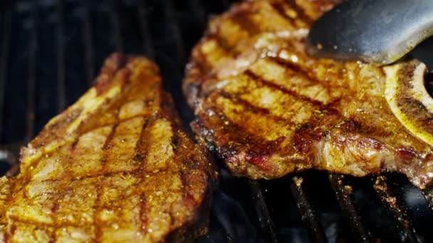 Filetes de res a la parrilla en el asador — Vídeo de stock