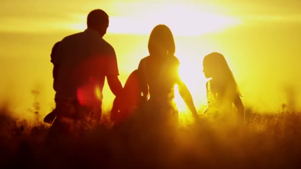 Vanhemmat, joilla on tyttäriä niityllä auringonlaskun aikaan — kuvapankkivideo