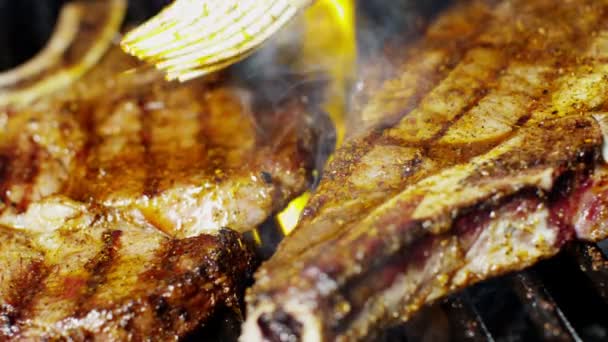 Filetes de res a la parrilla en el asador — Vídeos de Stock