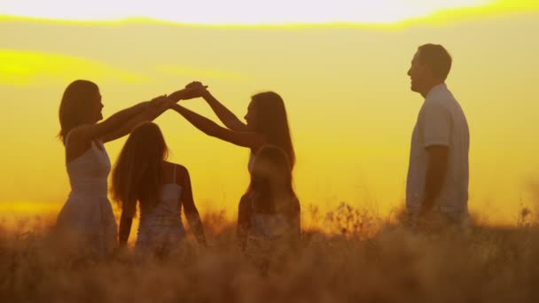 Padres con hijas en el prado al atardecer — Vídeos de Stock