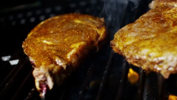 Taze T-Bone biftek biftek diyet yaşam Protein Modern cihaz ızgara alev — Stok video