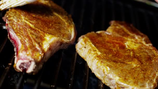 Plamenem, grilování čerstvých T-Bone hovězí Steak dieta životní Protein moderní zařízení — Stock video