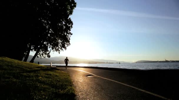 Joggerin joggt bei Sonnenaufgang im Freien — Stockvideo