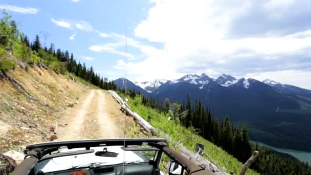 Jeep conducir a través de bosque de montaña — Vídeos de Stock