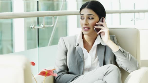 Bizneswoman w garnitur biznesowych rozmawia na inteligentny telefon — Wideo stockowe