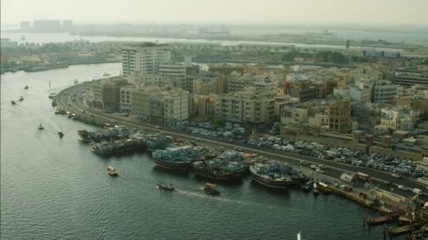 Anteny Dubai Creek nabrzeża portu — Wideo stockowe