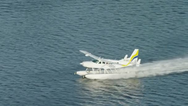 Luchtfoto watervliegtuig opstijgen Dubai Creek — Stockvideo