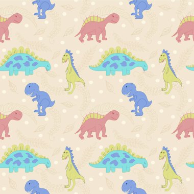 Çizgi film dinozorları ve yapraklarıyla kusursuz vektör deseni. Sevimli el yapımı dinozorlar. Bebek yatağı, ambalaj kağıdı deseni