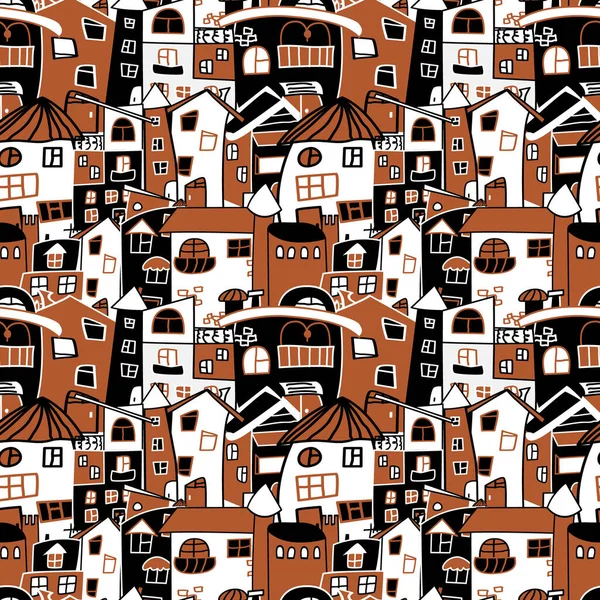 Vector seamless pattern with hand-drawn houses. Densely drawn houses on the pattern. Creative three-colored houses. Megapolis