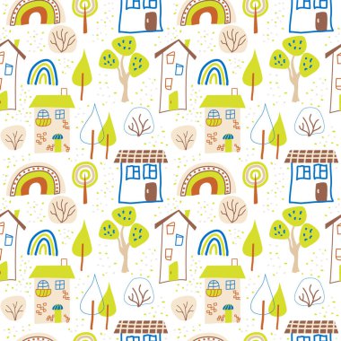 Beyaz arka planda garip çocuksu evler, ağaçlar ve gökkuşağı çizimleri. Duvarda çocuk tekstil ve duvar kağıtları için evler olan kusursuz vektör deseni
