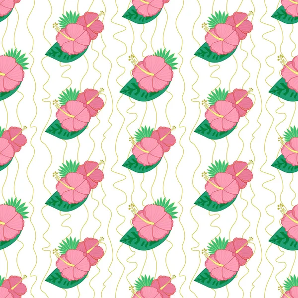 Διάνυσμα χωρίς ραφή μοτίβο με άνθη ιβίσκου και φύλλα φοίνικα. Τροπικό μοτίβο λουλουδιών για εκτύπωση σε ύφασμα. Floral εκτύπωση για χαρτί περιτυλίγματος — Διανυσματικό Αρχείο