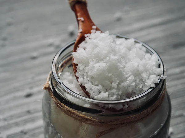 Sea Salt Wooden Spoon Glass Container — Stock Photo, Image