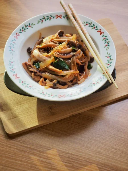 Spicy Squid Stir Fried Vegetables Chopsticks — Stock Photo, Image