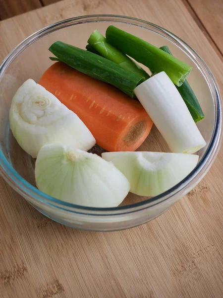 Legumes Orgânicos Frescos Cebolas Cebolas Verdes Cenouras — Fotografia de Stock