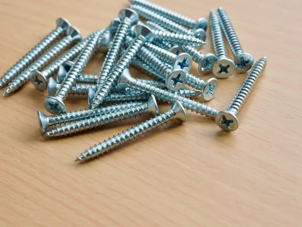 Wooden Board Background Silver Screws — Stock Photo, Image