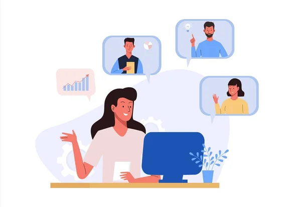 Videokonferens Online Med Kollega Kvinna Hemma Eller Kontoret Med Datakommunikation — Stock vektor