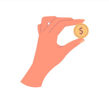 El ele altın para tutuş. Finans, zenginlik, yatırım, tasarruf konsepti. Beyaz arkaplanda düz izole vektör çizimi