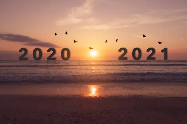 New Year 2021 Coming Sunset Beach Background New Start Planing — Stock Photo, Image