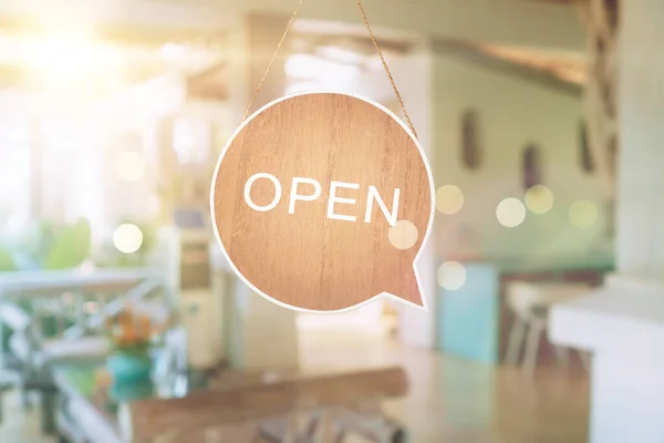 Cartel Negocios Que Dice Abierto Cafetería Restaurante Cuelgan Puerta Entrada — Foto de Stock