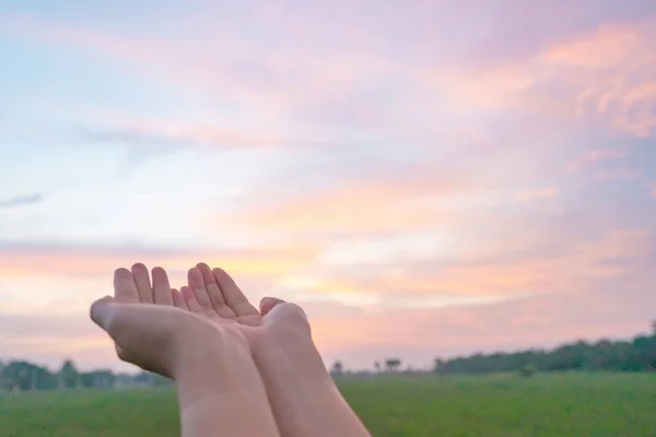 Vrouw Handen Plaatsen Samen Als Bidden Voorkant Van Natuur Groene — Stockfoto