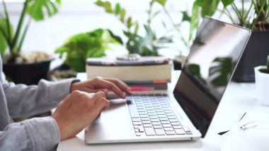 4K video kadın eli doğayla iç içe çalışmak için dizüstü bilgisayar kullanıyor iş dünyası, finans, borsa ve sosyal ağ kavramı.