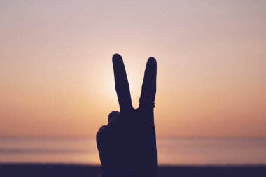 Gün batımının önünde iki parmak işareti olan barış ya da kavga metaforu. Mutlu insanlar doğanın tadını çıkarıyor. 