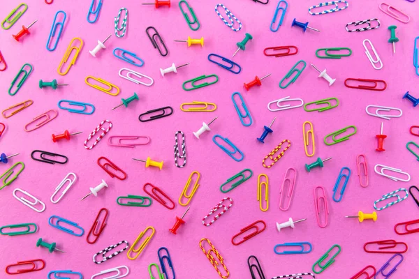 Colored paper clips are scattered on the background of pink flowers