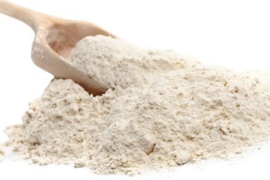 Buğday unu. Un yakın plan. Ekmek ve ekmek pişirmek için bir malzeme. Unlu kepçe.