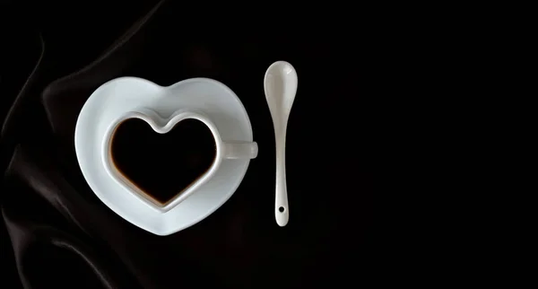 Coffee Coffee Cup Dark Fabric Black Background Heart Shaped Coffee — Stock Photo, Image