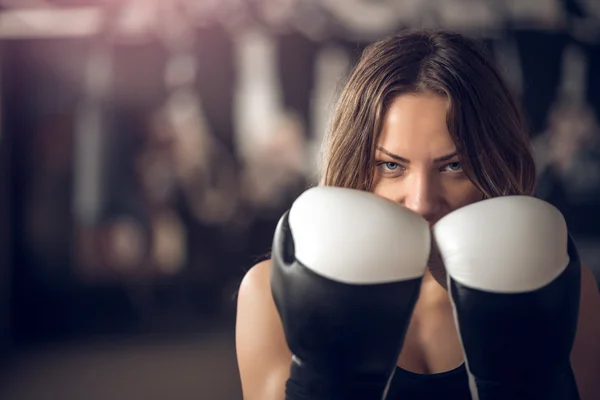 Boxning girl poserar med handskar — Stockfoto