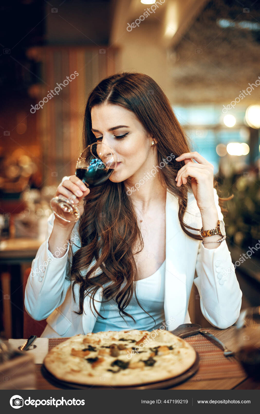 Young Elegant Woman Having Pizza Dinner Alone Luxury