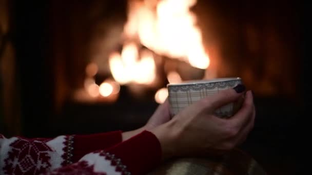 Piękna kobieta pije gorący napój siedząc przy kominku — Wideo stockowe