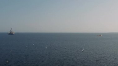 Birkaç yelkenli gemi, diğer gemilerin arka planına karşı Sea Bay 'de paralel rotalarda yol alıyor. Yaz tatillerinde su taşımacılığı ve sahil tatil teması