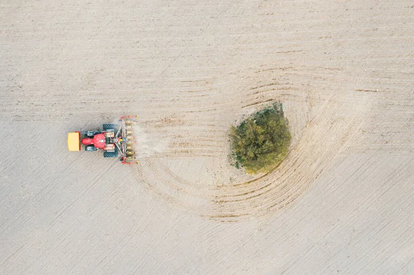Tiro aéreo, tractor rojo con arado que rodea gran árbol y campo de arado — Foto de Stock