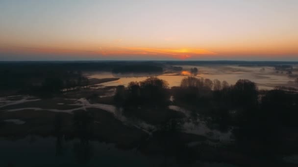 Luchtfoto: vliegen over een prachtig kronkelend riviergebied voor zonsopgang. Een charmante zomerdageraad met een contrast van dagelijkse temperaturen en mist — Stockvideo