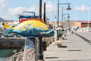 Corralejo, Fuerteventura, İspanya: 30 Eylül 2020: Kanarya Adaları 'ndaki Fuerteventura' da Corralejo limanında güneşli bir gün.