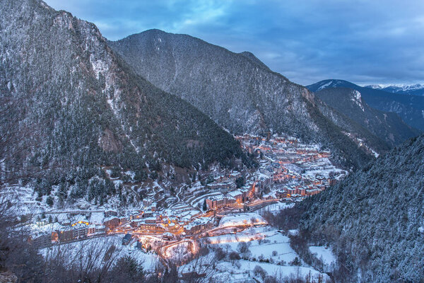 Cityscape of Arinsal, La Massana, Andorra in winter.