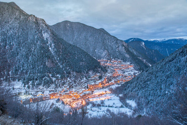 Cityscape of Arinsal, La Massana, Andorra in winter.