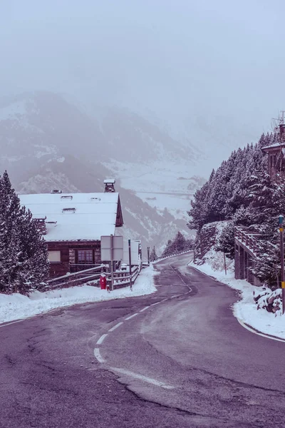 Street in a snow storm in the Pyrenees in Andorra.