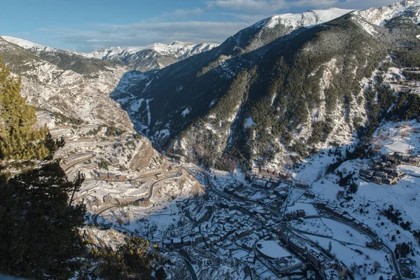 Stadtbild Von Canillo Andorra Winter Mit Viel Schnee — Stockfoto