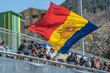 Encamp, Andorra: 2021 Nisan 04: Andorra bayrağı FC Andorra ile Ibiza arasında oynanan 2. Lig B karşılaşmasında 4 Nisan 2021 tarihinde Andorra, Andorra 'da bulunan Prada de Moles Stadyumu' nda