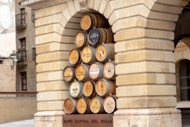 Haro, Spain: 2021 April 26: City of Haro wine barrels, capital of Rioja in Spain in 2021. clipart