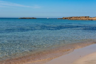 İspanya 'nın Formentera adasında şeffaf suyu olan güzel bir sahil.