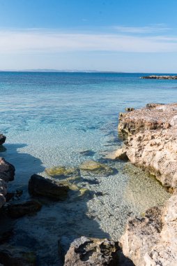 İspanya 'nın Formentera adasında şeffaf suyu olan güzel bir sahil.
