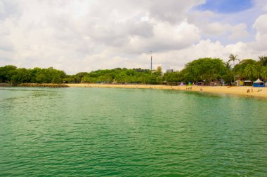 Singapur, Sentosa adasında palmiye ağaçları olan tropik bir ada.