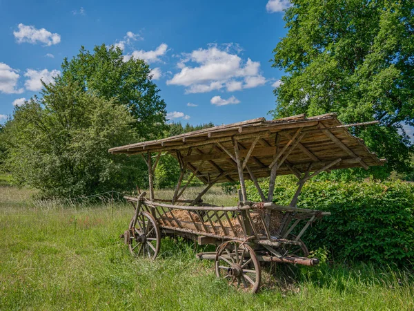 Ein Alter Heuwagen Mit Holzrädern Und Holzdach Auf Einer Wiese — Stockfoto